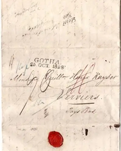 Taxis 1828, L2 GOTHA auf Portobrief n. Belgien m. rs. Aachen Transitstempel