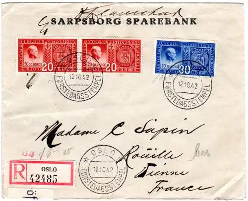 Norwegen 1942, 30+2x20 öre Europäischer Postverein auf Reko FDC nach Frankreich