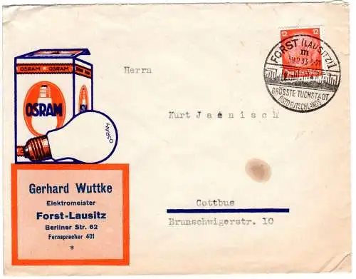 DR 1933, 12 Pf. auf illustriertem Osram Firmen Brief v. Forst (Lausitz).