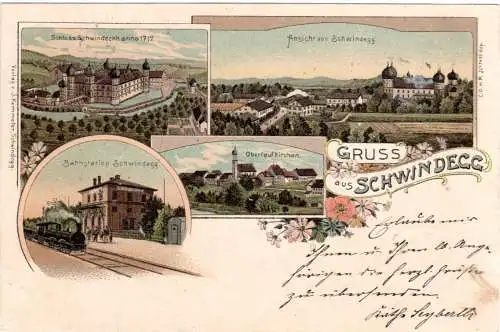 Gruss aus Schwindegg m. Schloss u. Bahnhof, 1900 gebr. Litho-AK