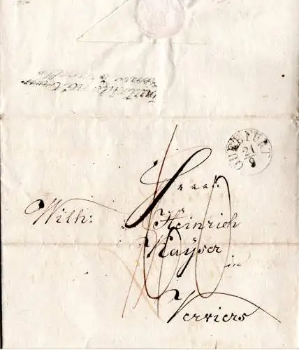 Preussen 1828, K1 QUERFURT auf Portobrief n Belgien m. rs. Aachen Transitstempel