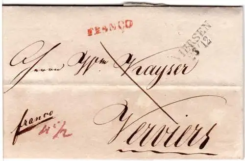 Preussen 1826, L2 VIERSEN u. roetr L1 FRANCO auf Brief n. Belgien.
