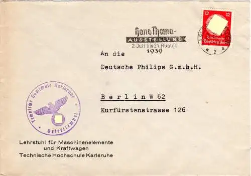 DR 1939, 12 Pf. Dienst auf Brief der TH Karlsruhe m. H. Thoma Werbestempel