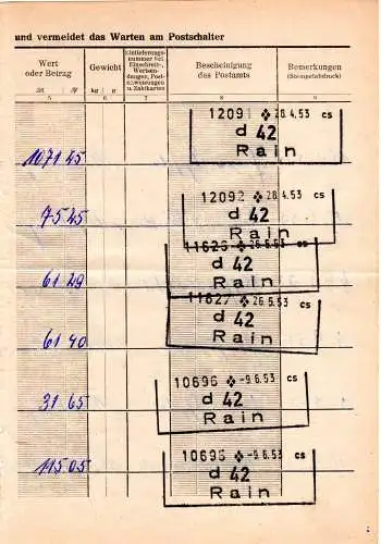 BRD 1953, Postanweisungs-R3 RAIN mehrfach auf Postformular