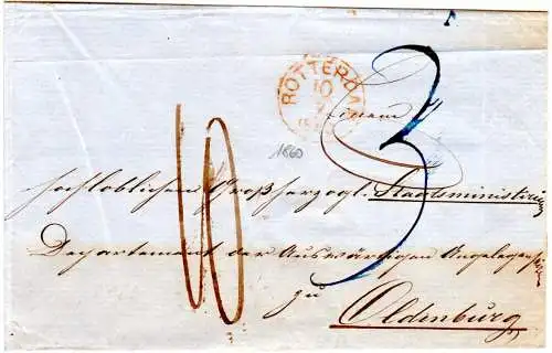 NL 1860, roter K1 Rotterdam auf Porto Brief ins Herzogtum Oldenburg