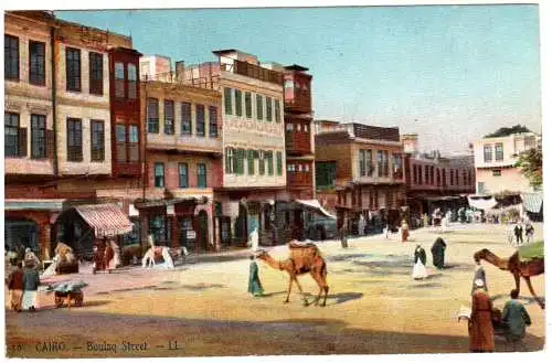 Ägypten, Cairo Boulaq Street m. Geschäften, Personen, Kamel, 1910 gebr. Farb-AK