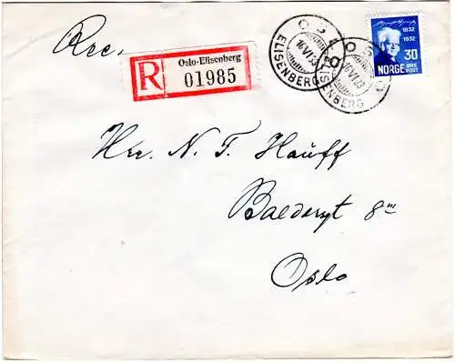 Norwegen 1933, EF 30 öre Björnson auf Orts-Einschreiben Brief v. Oslo