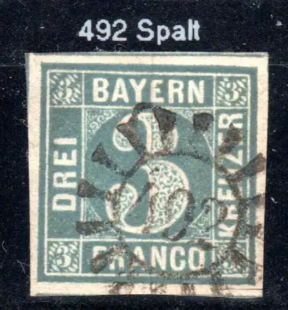 Bayern, MR 492  SPALT klar u. zentrisch auf breitrandiger 3 Kr. (Pl.5)