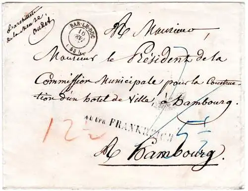 Frankreich 1855, Porto Brief v. Bar-Le-Duc n. Hamburg m. L1 A.U.UEB FRANKREICH