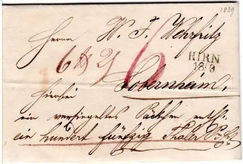 Preussen 1839, Rheinland-L2 KIRN auf Wertpaket Brief n. Sobernheim.