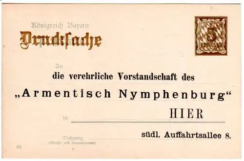 Bayern, Armentisch Nymphenburg, ungebr. 3/2 Pf. Drucksache Ganzsachenkarte