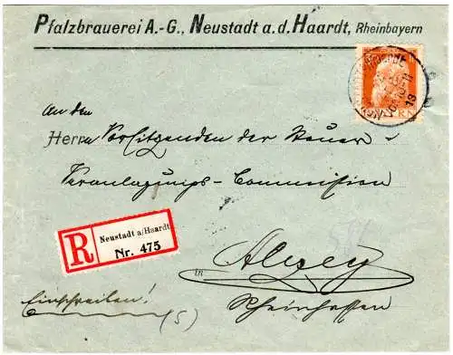 Bayern 1913, 30 Pf. Luitpold auf Pfalzbrauerei A.G. Reko Brief v. Neustadt 