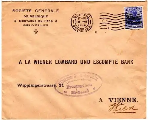 Belgien 1916, 25 C. auf Brief v. Brüssel n. Österreich m. rücks. Bankzensur