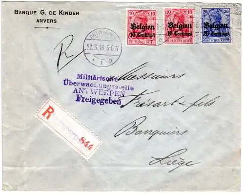 Belgien 1916, 20+2x10 C. auf Brief m. eingestempeltem Reko-Zettel v. Antwerpen 