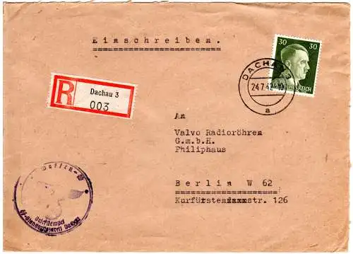 DR 1942, EF 30 Pf. Reko-Gebühr auf portofreiem Waffen-SS Brief v. Dachau