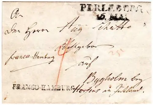 Preussen, L2 Perleberg u. L1 FRANCO HAMBURG auf Porto Brief n. Jütland, Dänemark