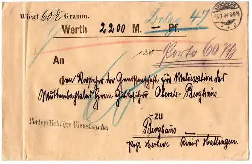 DR 1904, Wertbrief als Portopflichtige Dienstsache v. Arnsberg n. Herbede