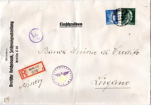 DR 1944, 20+50 Pf. auf portorichtigem Reko Brief m. Berlin Lb 7b Durchlaufzensur