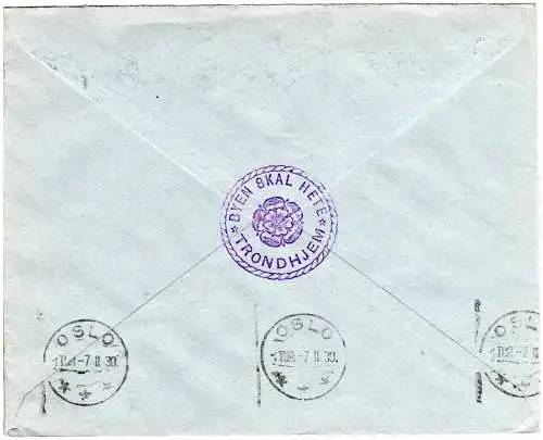 Norwegen 1930, 20/25 öre auf Nidaros Brief m. Propaganda Stempel f. Trondhjem. 