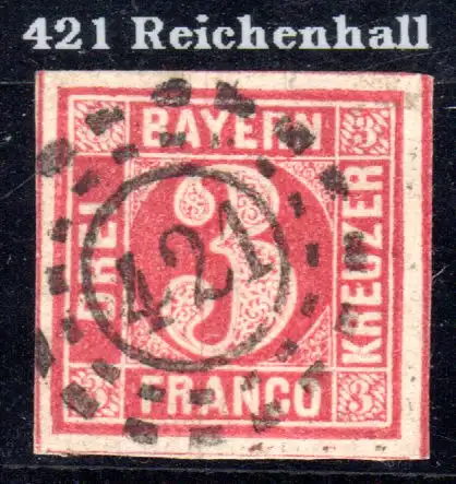 Bayern, oMR 421 REICHENHALL klar u. zentrisch auf breitrandiger 3 Kr. 