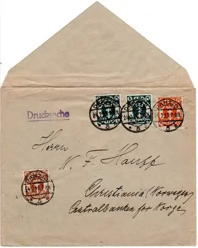 Danzig 1923, 20+10+2x5 Mk. auf Drucksache Brief n. Norwegen