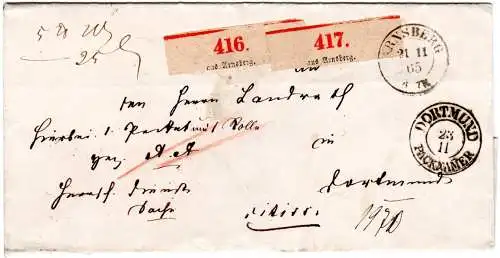 Preussen 1865, KL2 ARNSBERG auf Begleit Brief n. Dortmund m. 2 Paketzetteln