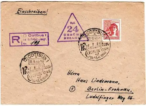 1948, 24 Pf. Geb. Bez.+60 Pf., Mischfrankatur auf Einschreiben Brief v. Cottbus
