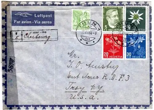 Schweiz 1944, 35 C.+ Pro Juventute auf Zensur Brief v. Thun via Cherbourg n. USA