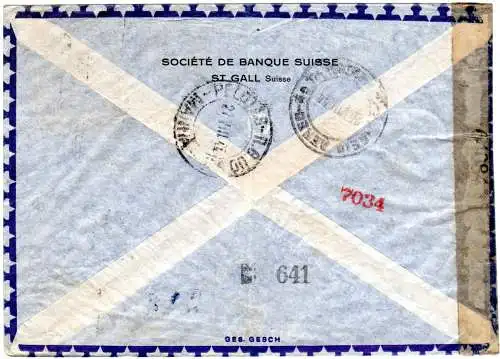 Schweiz 1944, 2x90 C. auf Luftpost Brief v. St. Gallen "via Basel 2" n Brasilien