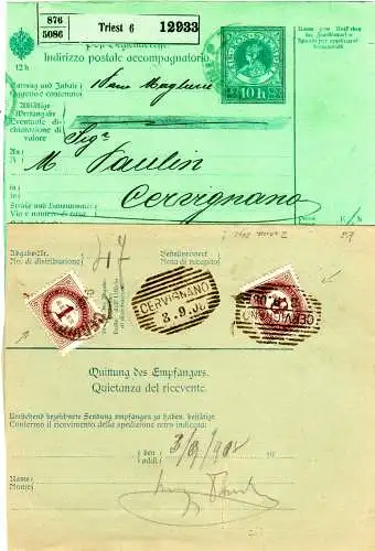 Österreich 1908, 2 versch. Cervignano Stpl. rs. auf Paketkarte m. 1+3 H. Porto. 