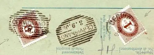 Österreich 1908, 2 versch. Cervignano Stpl. rs. auf Paketkarte m. 1+3 H. Porto. 