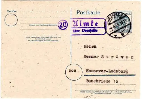 1948, Landpoststpl. 20 ALMKE über Vorsfelde auf 12 Pf. Ganzsache