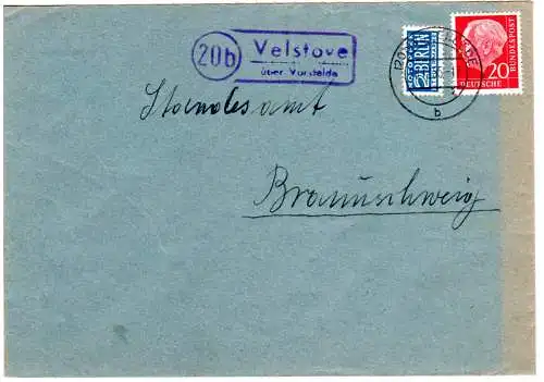 BRD 1955, Landpoststpl. 20b VELSTOVE über Vorsfelde auf Brief m. 20 Pf.