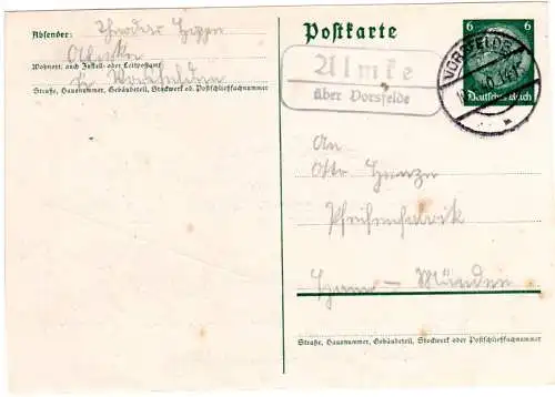 DR 1940, Landpoststpl. ALMKE über Vorsfelde auf 6 Pf. Ganzsache