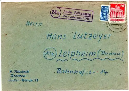 BRD 1951, Landpoststpl. 24a AHLEN-FALKENBERG über Otterndorf auf Brief m. 20 Pf.