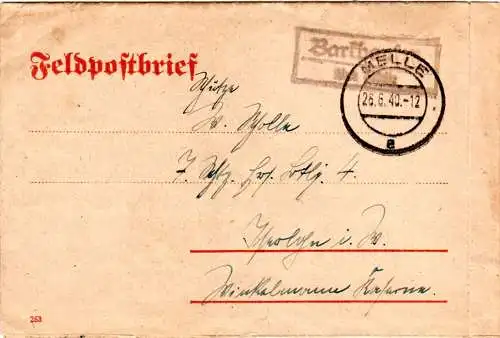 DR 1940, Landpost Stpl. BARKHAUSEN über Melle auf Feldpost Brief 