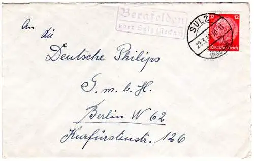 DR 1932, Landpoststpl. BERGFELDEN über Sulz (Neckar) auf Brief m. 12 Pf