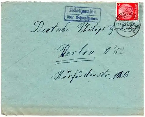 DR 1939, Landpoststpl. ADELHAUSEN über Schopfheim auf Brief m. 12 Pf