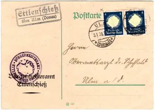 DR 1938, Landpoststpl. ETTLENSCHIESS über Ulm auf Brief m. 2x4 Pf. Dienst