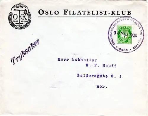Norwegen 1930, Oslo Filatelist-Klubb Ausstellungs Sonderstpl. auf Brief m. 7 öre