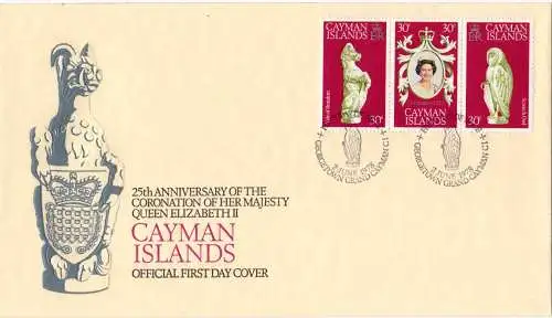 Kaiman Inseln, Queen Elizabeth Krönungsjubiläum, Kleinbogen+Herzstück auf 2 FDC