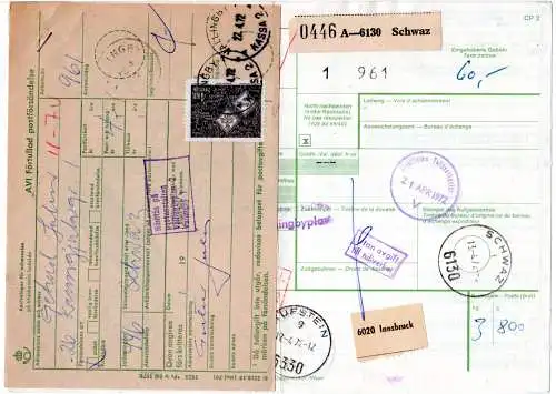 Österreich 1972, Paketkarte v. Schwaz m. Schweden Porto u. Postformular.