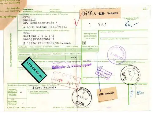 Österreich 1972, Paketkarte v. Schwaz m. Schweden Porto u. Postformular.