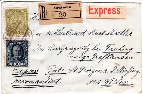 Österreich 1917, 30+40 H auf Einschreiben Eilboten Brief v. Gratwein n. Fasching