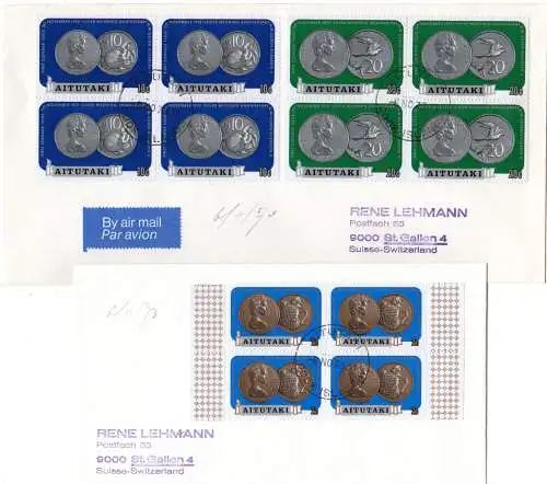 Aitutaki 69-75, Kursmünzen kpl. 4er-Block Satz auf 5 Briefen, dabei Einschreiben