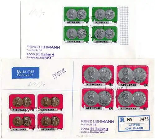 Aitutaki 69-75, Kursmünzen kpl. 4er-Block Satz auf 5 Briefen, dabei Einschreiben