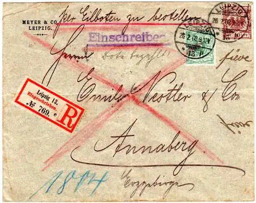 DR 1900, 50+5 Pf. auf Einschreiben Eilboten Brief v. Leipzig n. Annaberg
