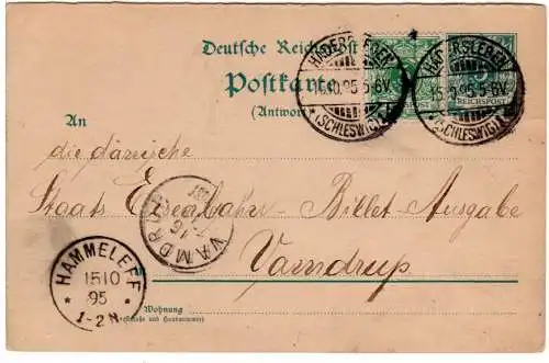 DR 1895, 5 Pf. Zusatzfr. auf 5 Pf. Ganzsache v. Hadersleben n. Vamdrup Dänemark