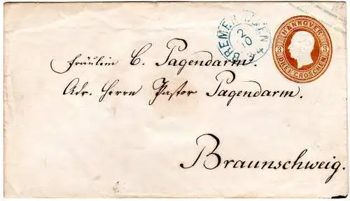 Hannover, 3 Gr. Ganzsachenumschlag m. blauem K2 BREMERHAVEN n. Braunschweig