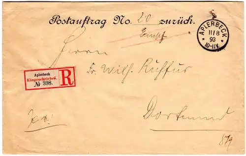 DR 1893, portofreier Postsache Rück-Postauftrag per Einschreiben v. APLERBECK